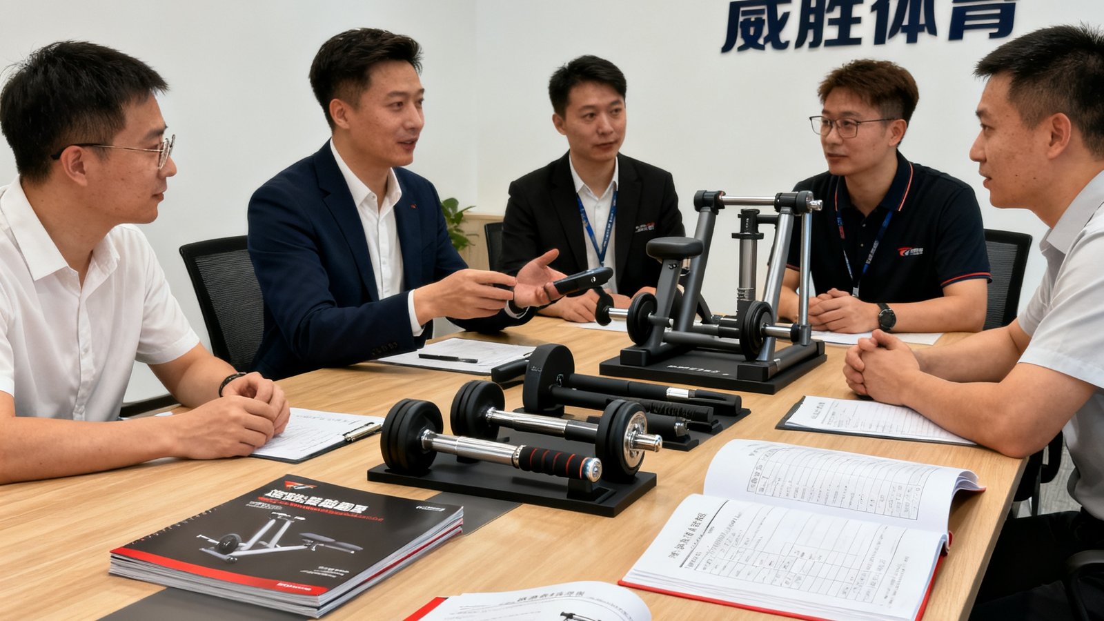 威胜体育企业客户服务团队正在会议室中向一所连锁健身房的采购负责人展示器材样品和定制化采购方案，桌上摆放着产品手册和质检报告