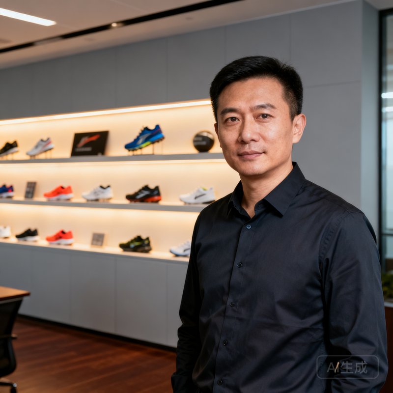 威胜体育创始人周志远穿着深色衬衫在办公室中，背景是产品展示墙，他曾在跨国运动品牌担任供应链总监八年，眼神坚定充满创业激情