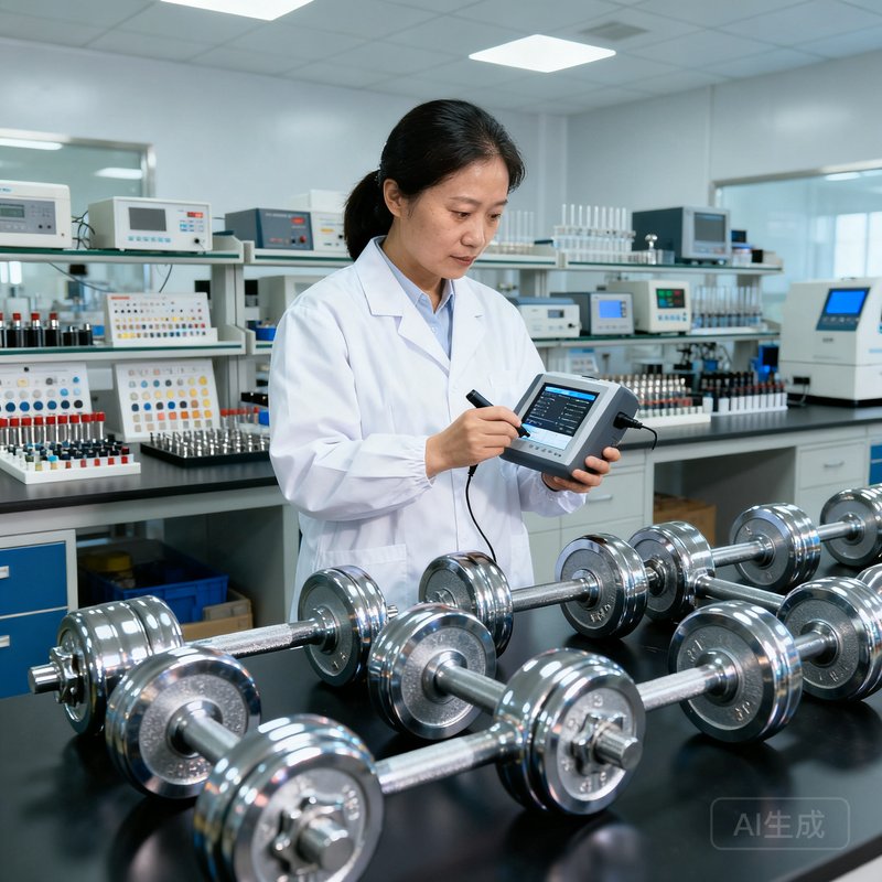 质检总监林海燕穿着白色工作服在质检实验室中手持检测仪器，专注地检查一批即将出厂的哑铃产品，身后是各种质检设备和标准样品