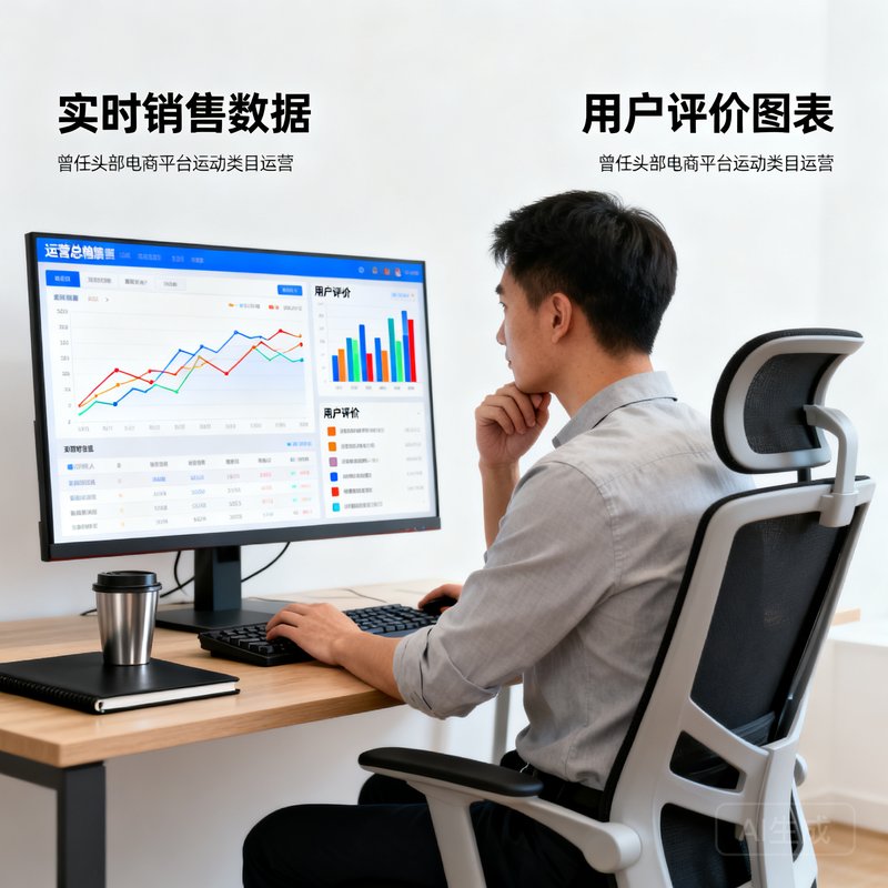 运营总监陈锐坐在电脑前分析电商数据，显示器上展示着实时销售数据和用户评价图表，他曾在头部电商平台负责运动类目运营
