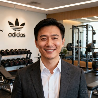 陈先生是一位连锁健身房品牌的创始人，穿着商务休闲装在办公室中微笑面对镜头，背景是健身房的力量训练区域